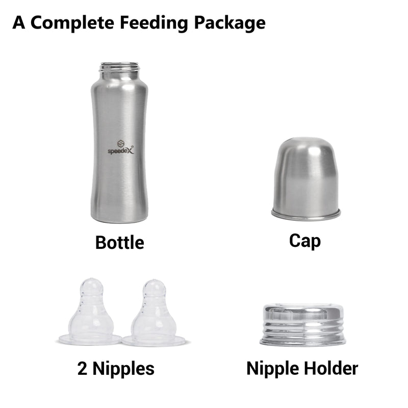 SPEEDEX Stainless Steel Infant Baby Feeding Bottle, BPA Free, Anti-Colic, Plastic-Free, Medium-Flow Nipple (240 ML)