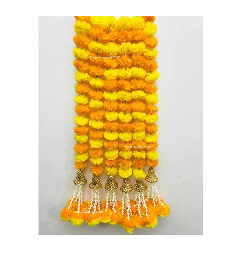 SPHINX Artificial Marigold Fluffy Flowers with Bell and Tuberoses (Rajnigandha) Garlands Tassles Strings for Decorations - (Yellow & Light Orange (5 Pieces), Approx 5 ft/60 Inches/150 cms)