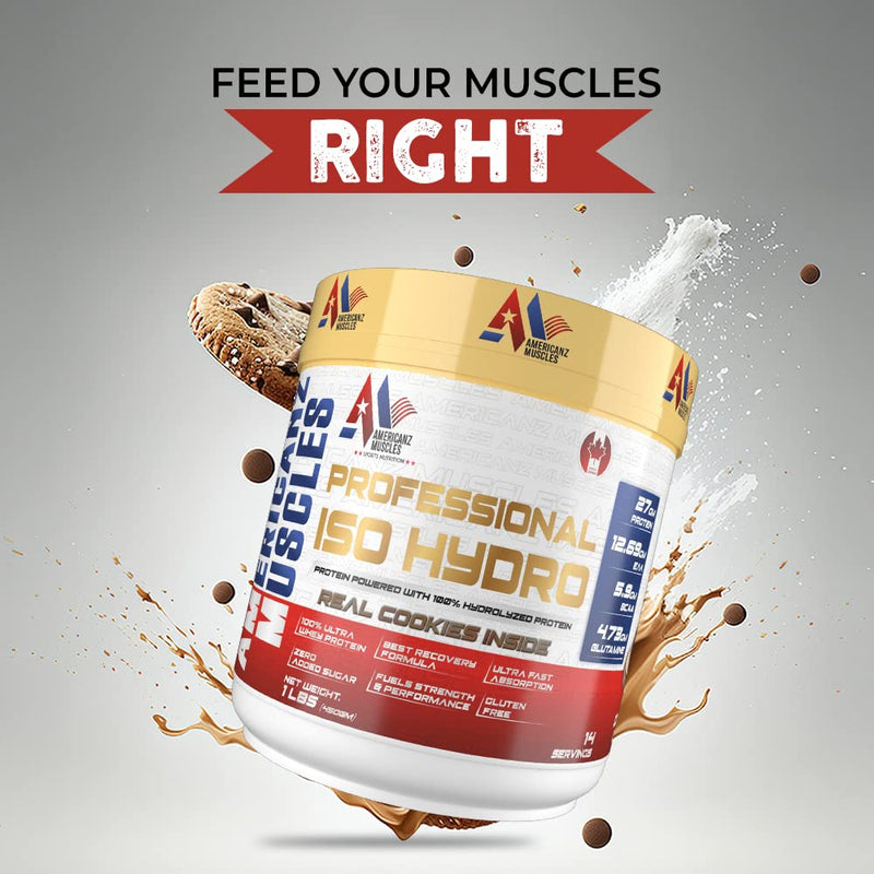 Americanz Muscles Professional ISO HYDRO Protein | 27g Per Scoop | 28 Servings | Cookie & Cream, 2 LBS | Free Shaker Included | Whey Isolate Muscle Building Supplement | Imported