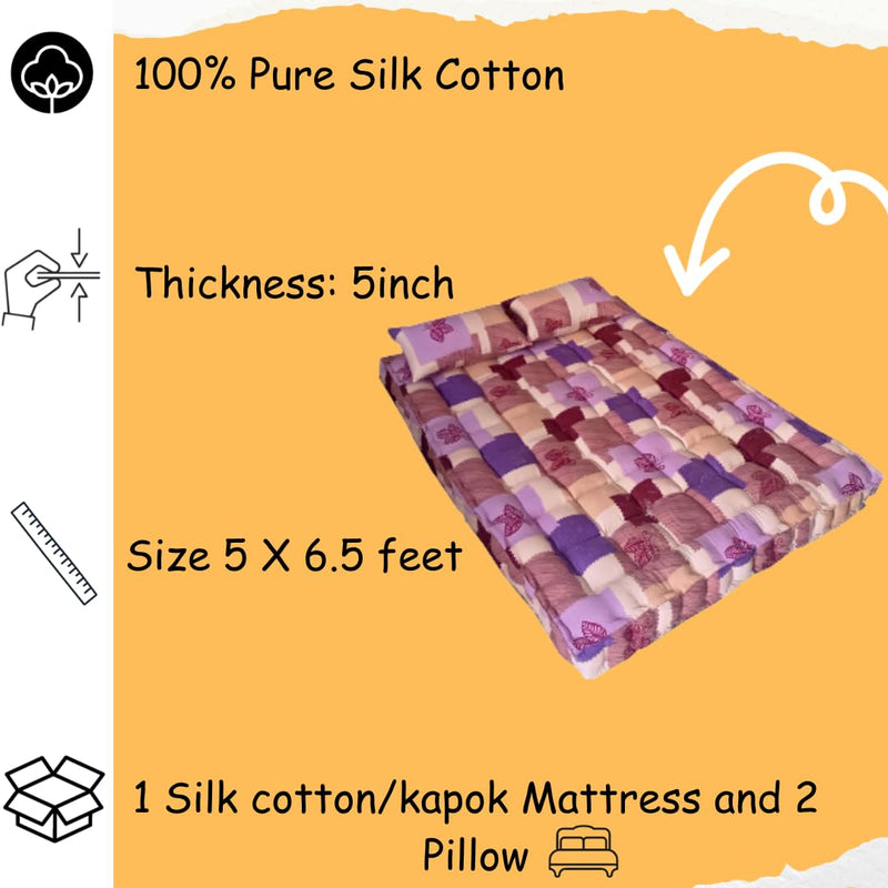 FMS Mattress - Organic Kapok/Silk Cotton/Ilavam Panchu Queen Size Mattress.[ Size 5 x 6.5 ft/ 78 x60 x 6 Inches ](Multicolour)