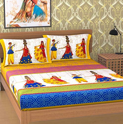 Monik Handicrafts Cotton 144 TC Bedsheet (Yellow_Standard)