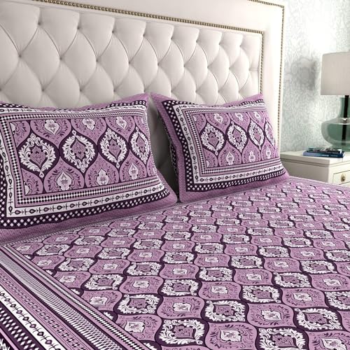 BedZone 100% Cotton Bed Sheet Set for Double Bed King Size, Floral Pattern, Double Bedsheet Cotton with 2 Pillow Covers, Purple