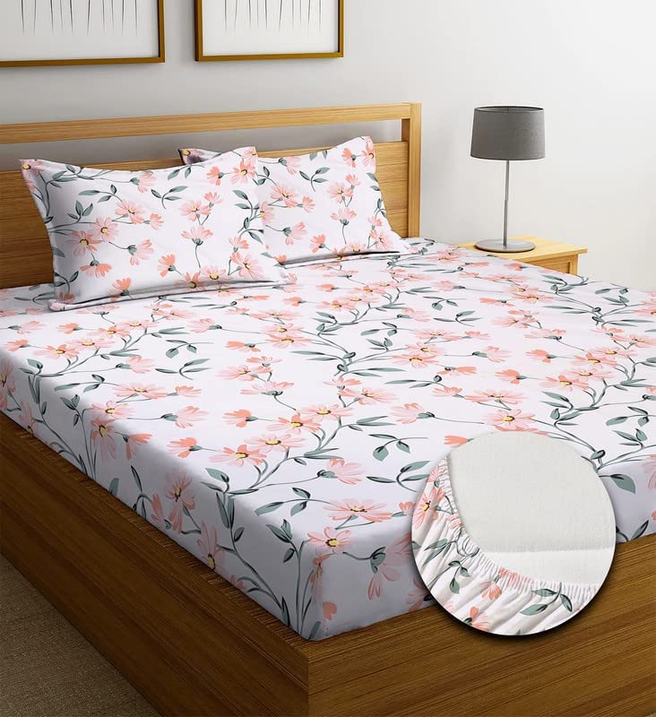 SHOMES All Around Elastic Fitted King Size Double Bed Bedsheet with 2 Large Pillow Covers Fits Upto Mattress of 8 Inches,Size - 72 x 78 x 8 Inches- Floral, Cream