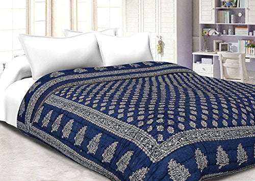 SAMRADHI Rajasthani Traditional Famous Jaipuri Beautiful Floral Print in White and Blue Jaipuri Rajai/Razai/Quilt/Comforter/AC Quilt/AC Comforter, Cotton, Lightweight Pack of 1 (Blue, Single)