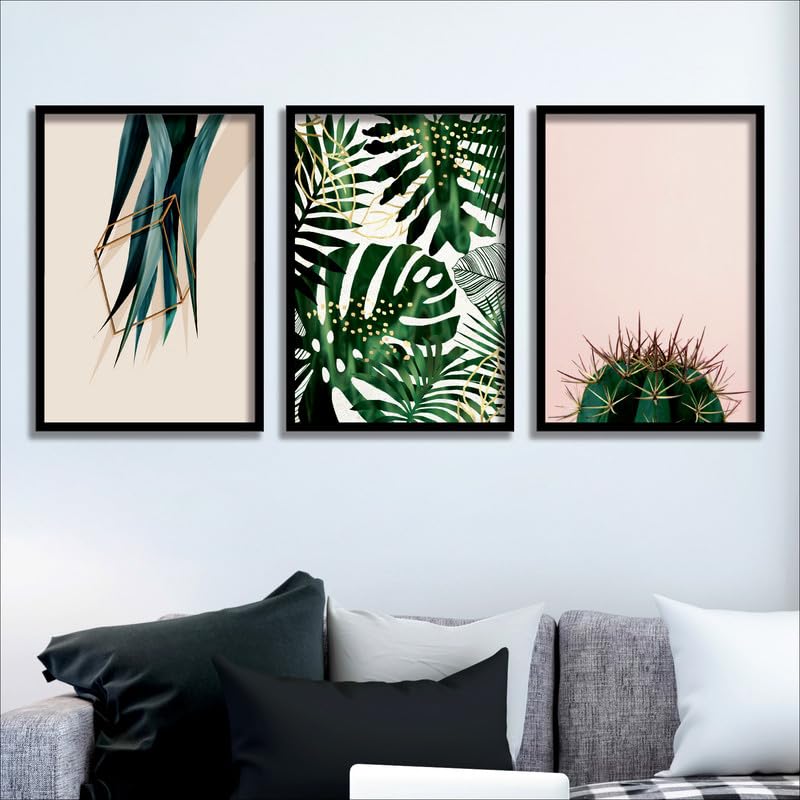 SAF paintings Set of 3 Green Tropical Leaves Wall Painting for Home Decoration SA-BLACKMX33512