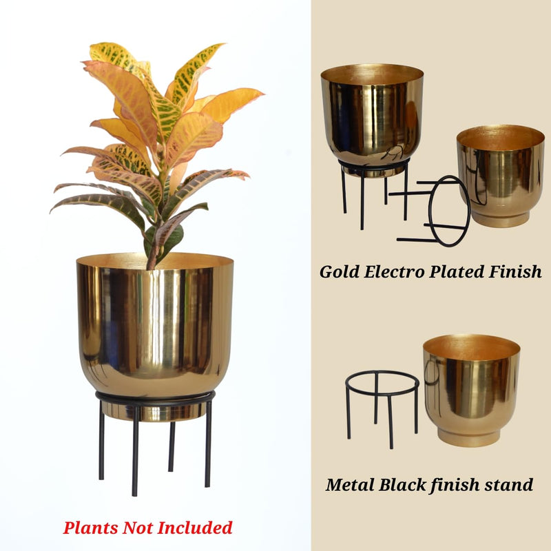 ecofynd Eva Metal Plant Pot with Stand (7.8 inch, 9 inch) | Indoor Outdoor Home Decor Item for Garden Plants Flower, Balcony, Patio, Living Room, Garden, Bedroom (Pack of 2, PWS027)