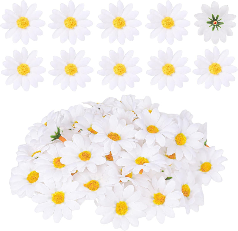 100Pcs 1.5 Inch Artificial Gerbera Daisy Fabric Flower Heads, White Artificial Chrysanthemum Flowers for Wedding Party, DIY Craft