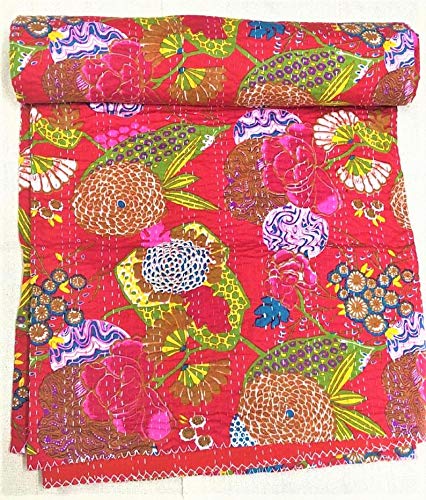 Textile Work Creations Kantha Quilt Hippie Bed-Cover Throw and Cotton Blanket Twin-Size Kantha Quilt Handmade 60 x90 inch Single Size