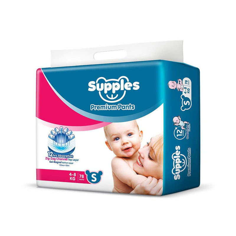 Supples Premium Diapers, Small (S), 78 Count, 4-8 Kg, 12 hrs Absorption Baby Diaper Pants