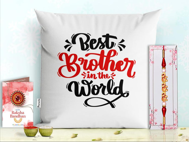 Pillow Rakhi for Brother with Gift - Rakhi with Rakhi Cushion with Filler Greeting Card- Rakhi for Brother, Gifts for Brother, Gifts for Rakhi, Gifts for Rakshabandhan Rakhi Gifts-PE-CU-24