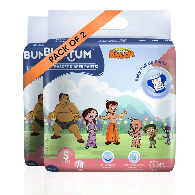 Bumtum Chota Bheem Small/S Size Baby Diaper Pants, 156 Count, Leakage Protection Infused With Aloe Vera, Cottony Soft High Absorb Technology