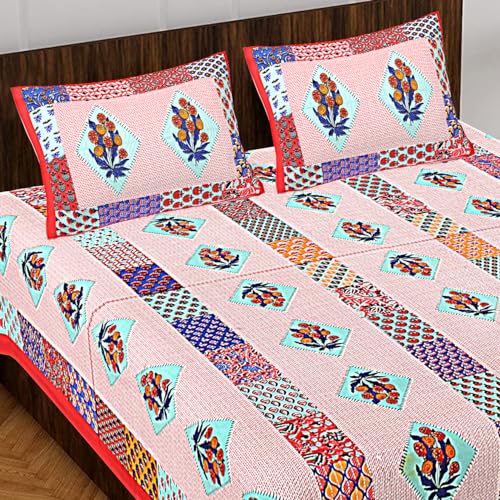 BedZone 100% Cotton Rajasthani Jaipuri Traditional Floral King Size Double Bedsheet with 2 Pillow Covers - Cotton Bedsheet 46