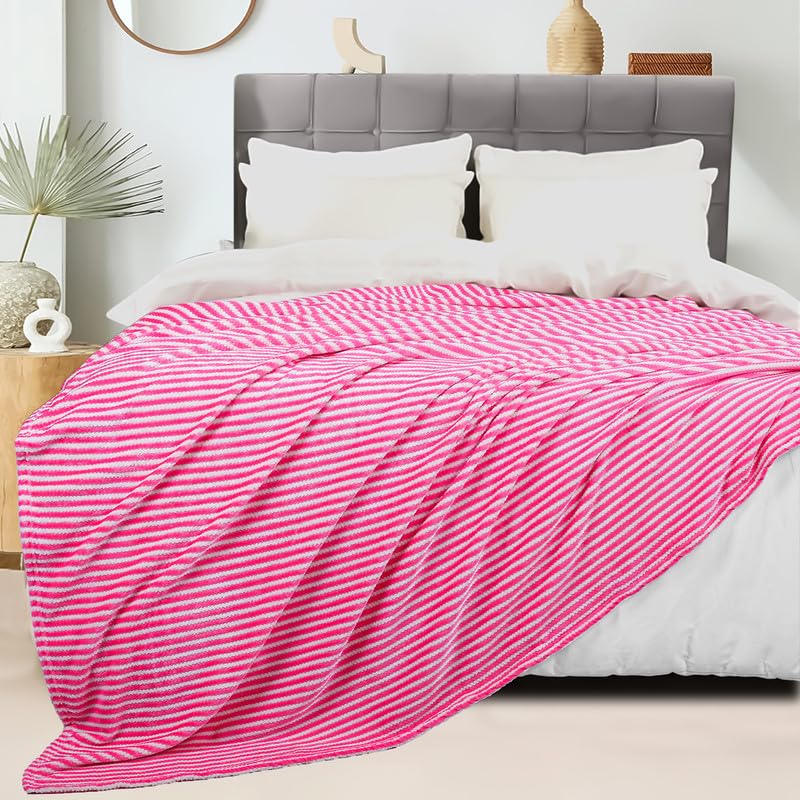 BSB HOME® Premium 220 TC Fleece Double Blanket | 300 GSM Lightweight Cozy Ultrasoft for Bed, Sofa, Travel & Camping| 230x220 cm |Pink & White