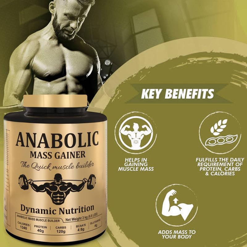 Dynamic Nutrition Anabolic Mass & Weight Gainer With High Calories 1340 For Bulk Gain For Pre & Post Workout With Digezyme Blend & Ashwagandha Extract (Chocolate 3 Kg/6.6Lbs), Powder