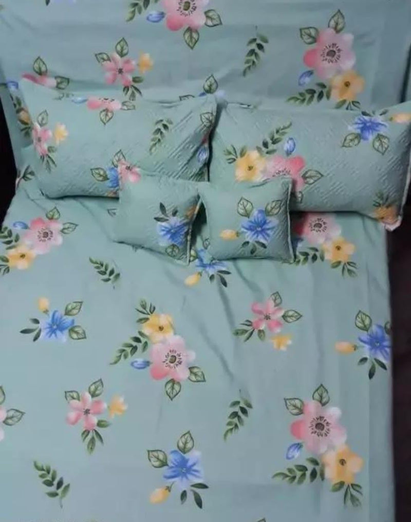 Flower Print Light Green Double Bed Flat bedsheet with 2 Pillow Cover and 2 Cushions with Quilted Cover (5 pcs Set)