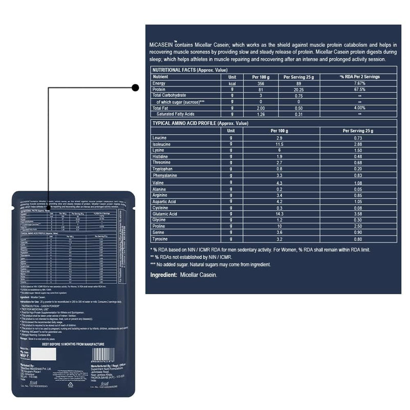 Steadfast Nutrition MiCasein | Micellar Casein Protein Powder| Slow-Release for Muscle Growth & Recovery | Unflavoured | 750g Box of 30 Sachets