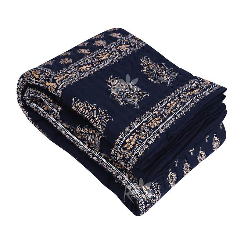 Rexxica Pure Cotton Jaipuri Razai Traditional Sanganeri Print Light Weight razai Duvets & Comforters Quilt/Blanket -(Single, Blue)