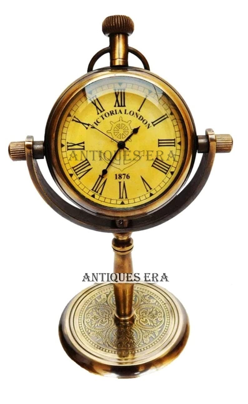 Antique Vintage Nautical Brass Glass Table Clock with Roman Numbers (Brown)