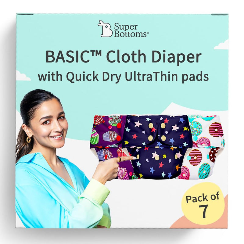 SuperBottoms BASIC Pack of 14 Side Leakage Proof Reusable Cloth Diaper with Quick Dry UltraThin pads|Freesize, Rash Free,for Kids 0-3 Yrs|Stay Dry & Lasts up to 3Hrs|7 Shell + 7 Pads - Assorted