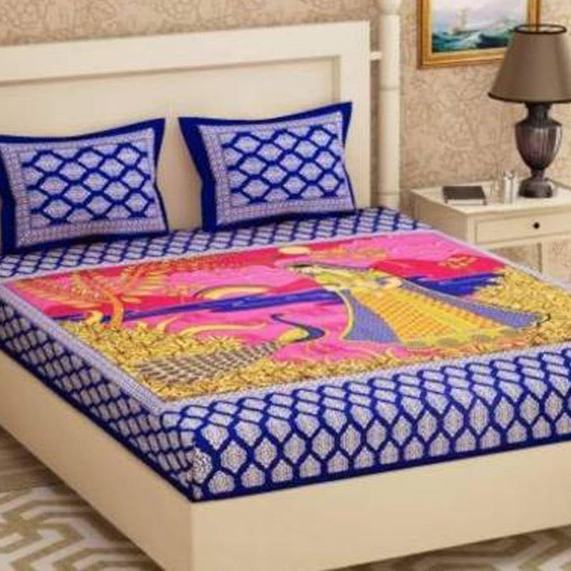 190 TC Cotton Double Jaipuri Prints Flat Bedsheet (Pack of 1, Blue) SOMYA GEMS