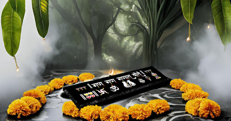 Chaitrangan Art Granite Rangoli 12 Inch X 3 Inch Gan Gan Ganat Bote, Paula, Swastik, Om, Tulsi, Shankh, Traditional for Home Décor, Pooja Mandir, Door Entrance