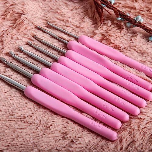 Syga Set 8 Size Soft Plastic Handle Aluminum Crochet Hook Knit Needle Crochet Hook Needles Sizes from 2.5Mm to 6Mm