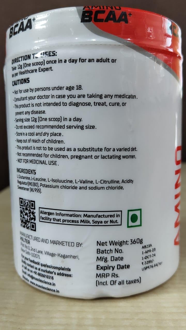 Muscle Science Amino BCAA Intra Workout/Post Workout, 5.5 Gm Micronized Vegan BCAA, 3.5 Gm Glutamine, 1Gm Citrulline & 585 mg Electrolytes, Muscle Recovery & Growth | FREE STEEL SHAKER (MOJITO MARGARITA)