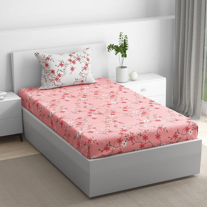 100% Cotton 152 TC Fitted Bedsheet with 1 Pillow Cover | Sakura Single, 72" x 36", Sakura| 1.83m x 91cm