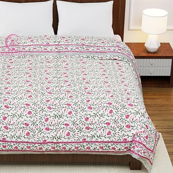 EMIOUR 400 TC Pure Cotton Double Bed Soft Jaipuri AC Quilt/Razai/Rajai Floral Print,Jaipuri razai Double Bed for Winter Printed,(Pink & Green, 85 x 100 inch, Double Bed), Breathable