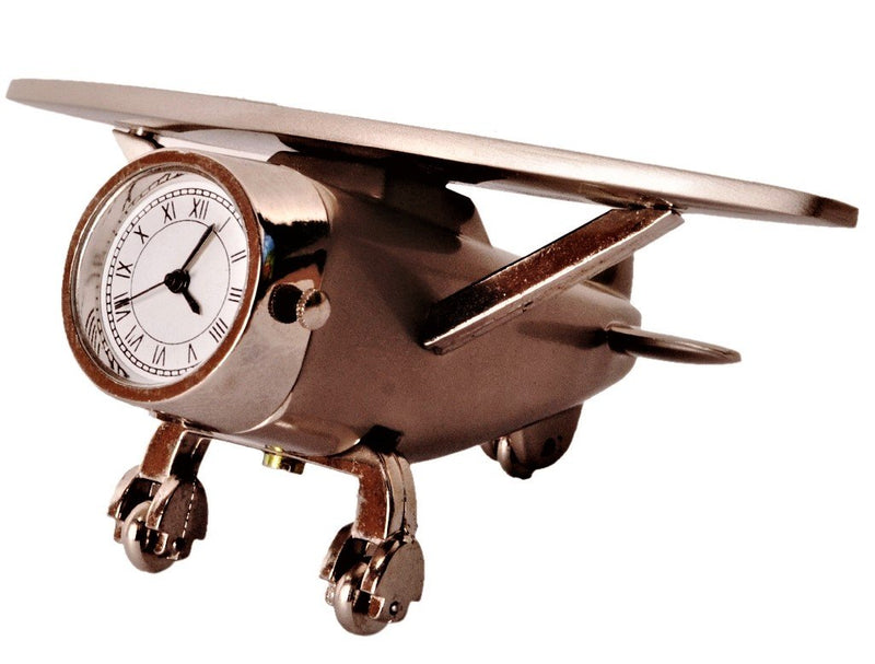 Purpledip Table Clock 'Time-to-Fly': Aeroplane Design Small Timepiece for Home, Office Car Dashboard Or Kids Room, Metallic, Small (11204)