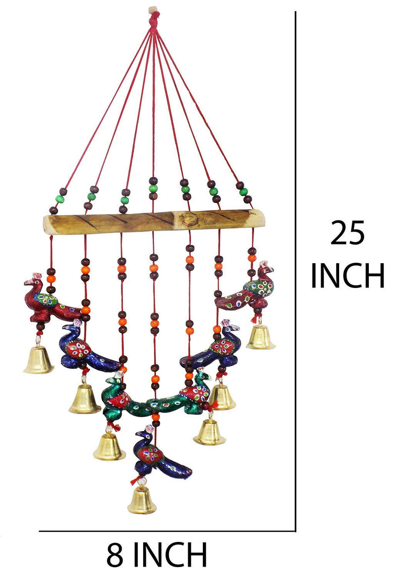 Anupam Enterprises Paper mache Indian Rajasthani Handmade Traditional Art Home Decoration Wall Hanging Peacock Wind Chime with Bells (Multicolour)