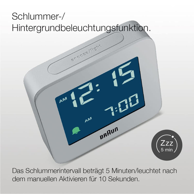 Braun Digital Alarm Clock with Snooze, Negative LCD Display, Quick Set, Crescendo Beep Alarm in Grey, Model BC09G.