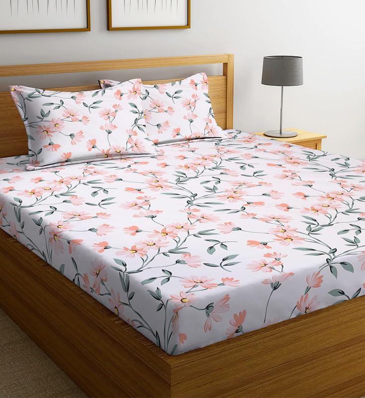 New Leaf Premium Cotton 210 TC Elastic Fitted Bedsheets with 2 Pillow Covers|King Bed with All Around Elastic Wrinklefree Supersoft Breathable |Size-78 x72+10 inches | Print Floral, White Pink Green