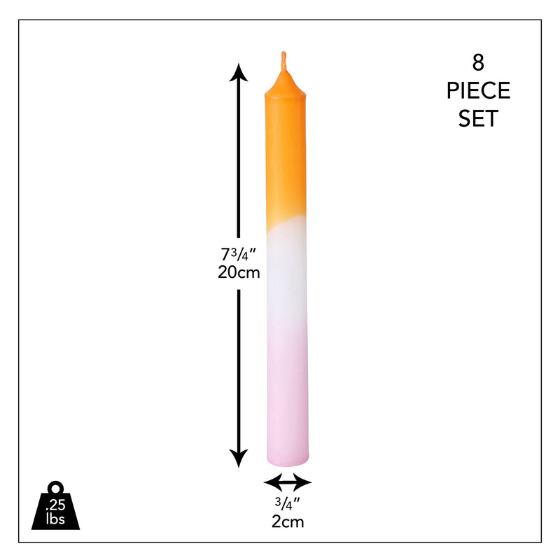 8 Piece Orange, Pale Pink, White, Gradient Taper Candles, 2 Boxed Sets of 4, Hand Dipped, Dripless, 7 Hours Burn Time, Paraffin Wax, 7.75 Inches