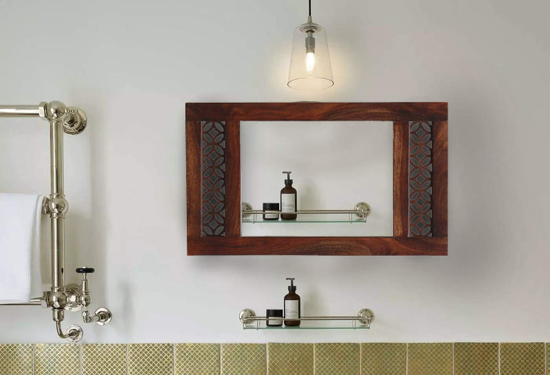 APRODZ Durque Rectangular Wall Mirror with Carved Sheesham Wood Frame - Provincial Teak Finish