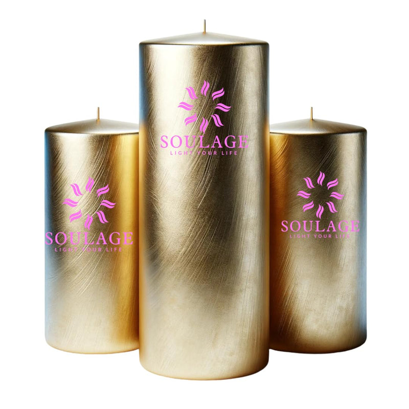 Set of 3 SOULAGE Premium Golden Festive Pillar Candle | Luxury Handcrafted Candles | Non Toxic Candles | Long Burning Time | Smokeless & Dripless