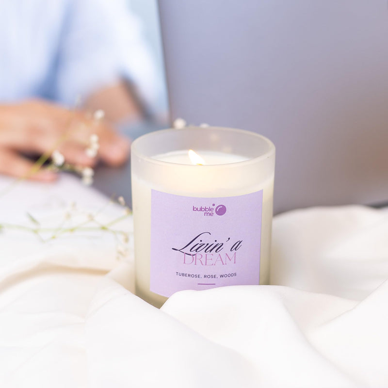 Bubble Me Livin Your Dream Candle: Tuberose, Rose, and Woods Scented - Aromatherapy Blend with Soya Wax,Almond Oil, and Vitamin E - Relaxation and Ambiance in a Jar - 8 oz