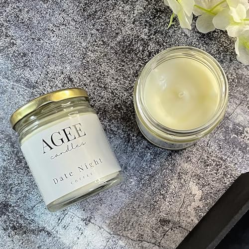 AGEE Scented Soy Wax Candle - Transparent Jar with Golden Lid - 100% Natural, Alcohol & Phthalate Free Fragrance - 38 Hr Burn Time (Date Night - Coffee)