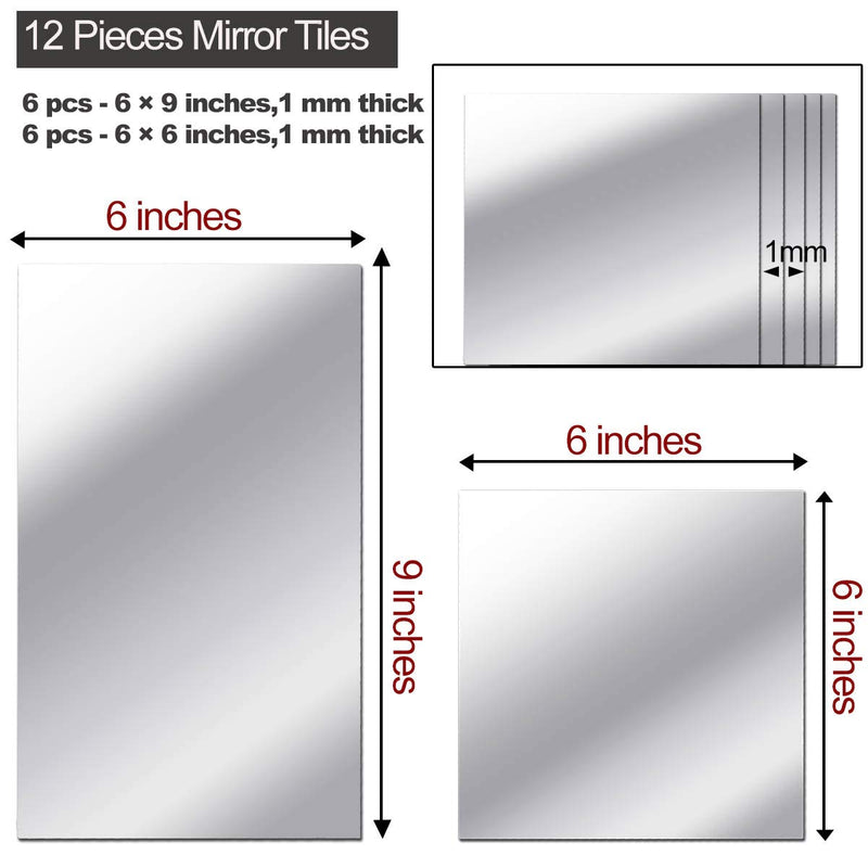 12 Pieces Self Adhesive Acrylic Flexible Non Glass Mirror Sheets (6 x 6 Inches and 6 x 9 Inches)