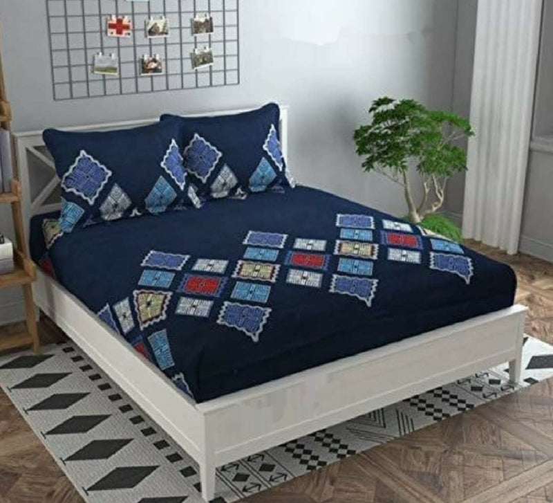 Shree JEE Home Decor Supersoft Cotton Elastic Fitted bedsheet Queen Size 108 * 108 with 2 Pillow Covers 210 tc (Blue Geometrical)