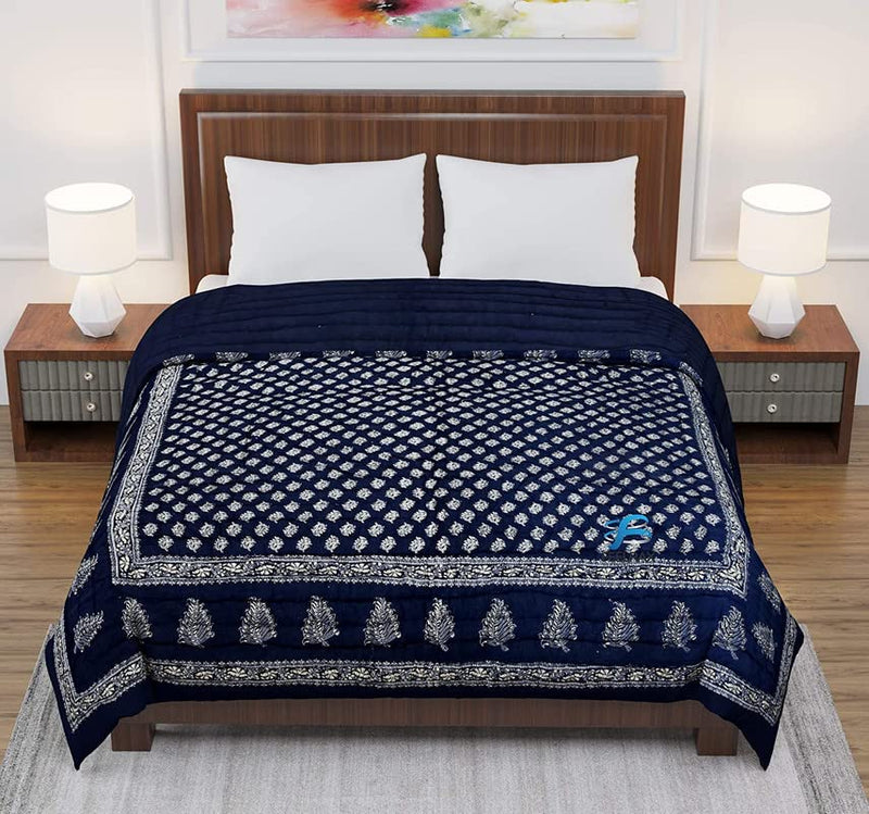 BRULD Jaipuri Razai Rajasthani Traditional Golden Printed Hand Stitched Blanket King Size Winter and Summer Soft Light Weight Ac Quilt Rajai Original Pure Cotton Comforter (Blue, Double Bed)