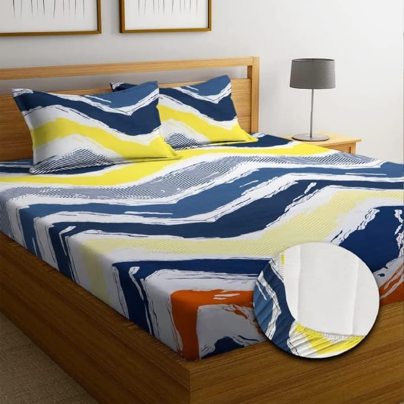 Luxury Trends Premium Cotton Elastic Fitted King Size Bedsheets with 2 Pillow Covers | Double Bed with All Around Elastic 200 TC Supersoft |Size-72" x 78" +10 inches (Yellow Blue Zigzag)