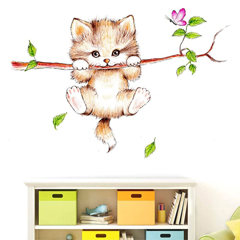 Wallpik - Cute Cat - Hanging - Branch - Cartoon - Butterfly - Nursery - Decoration - Wallsticker - WP216