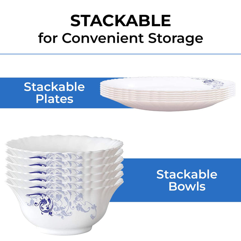 Larah by Borosil Blue Eve Silk Series Opalware Dinner Set | 19 Pieces for Family of 6 | Microwave & Dishwasher Safe | Bone-Ash Free | Crockery Set for Dining & Gifting | Plates & Bowls | White