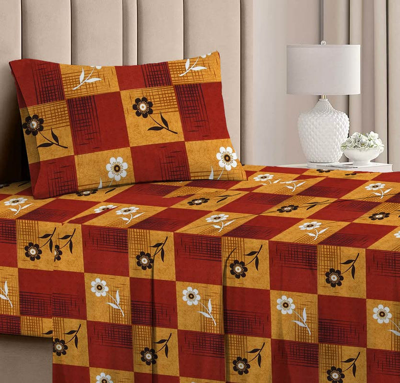 BSB HOME Presents Glace Cotton 180TC Single Bedsheets(Size-90 X 60 Inch) with 1 Pillow Covers(Size-18 X 28) (Maroon & Yellow)