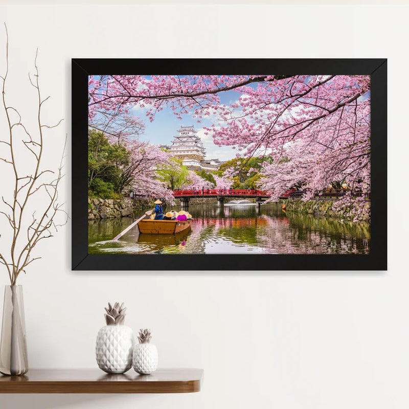 GADGETS WRAP Printed Photo Frame Matte Painting for Home Office Studio Living Room Decoration (14x11inch Black Framed) - Canal Between Cherry Blossom Trees Japan