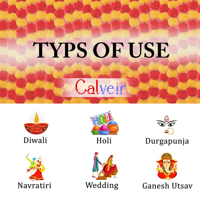 Calveir Genda Phool Artificial Marigold Fluffy Flower/Genda Phool Garlands String For Diwali, Navratri, Durga Pooja Festival Office Decoration 5 Feet (Ramdom, 15)