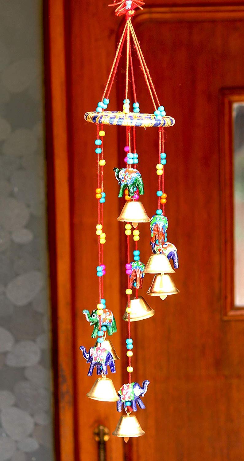 Anupam Enterprises Indian Rajasthani Handmade Traditional Art Home Decoration Wall Hanging Paper Mache Elephant Wind Chime with Bells for Temple, House, Entrance (Multicolour)