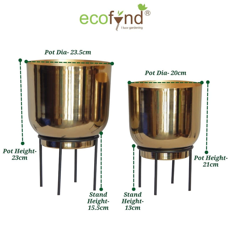 ecofynd Eva Metal Plant Pot with Stand (7.8 inch, 9 inch) | Indoor Outdoor Home Decor Item for Garden Plants Flower, Balcony, Patio, Living Room, Garden, Bedroom (Pack of 2, PWS027)