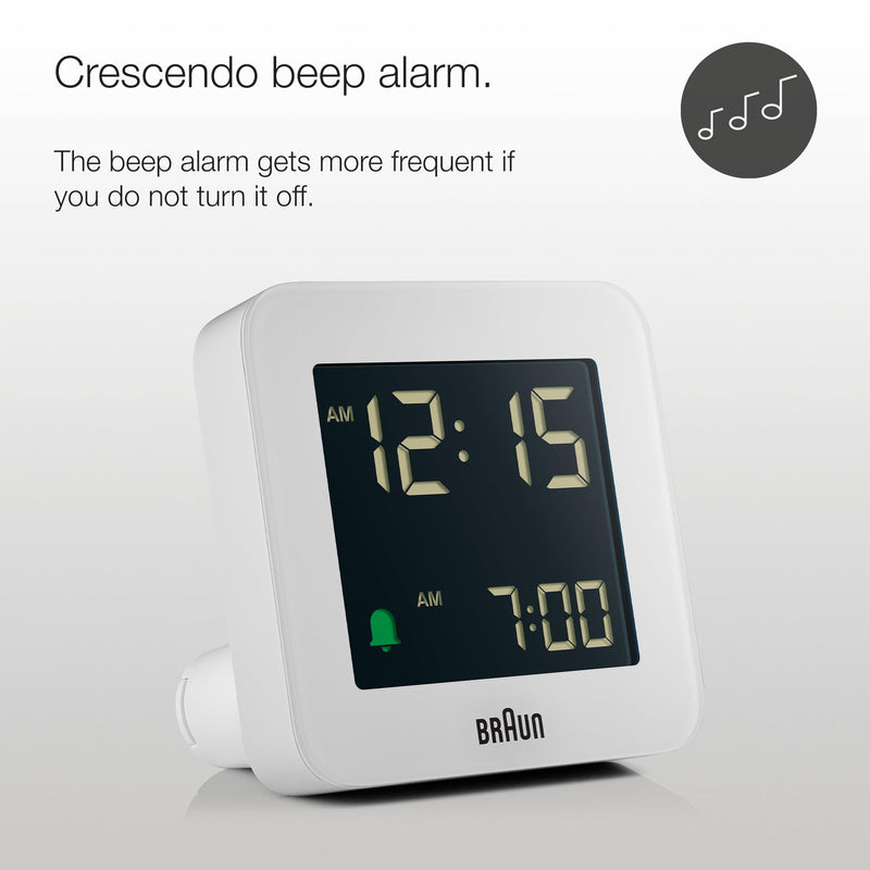 Braun Digital Alarm Clock with Snooze, Negative LCD Display, Quick Set, Crescendo beep Alarm in White, Model BC09W